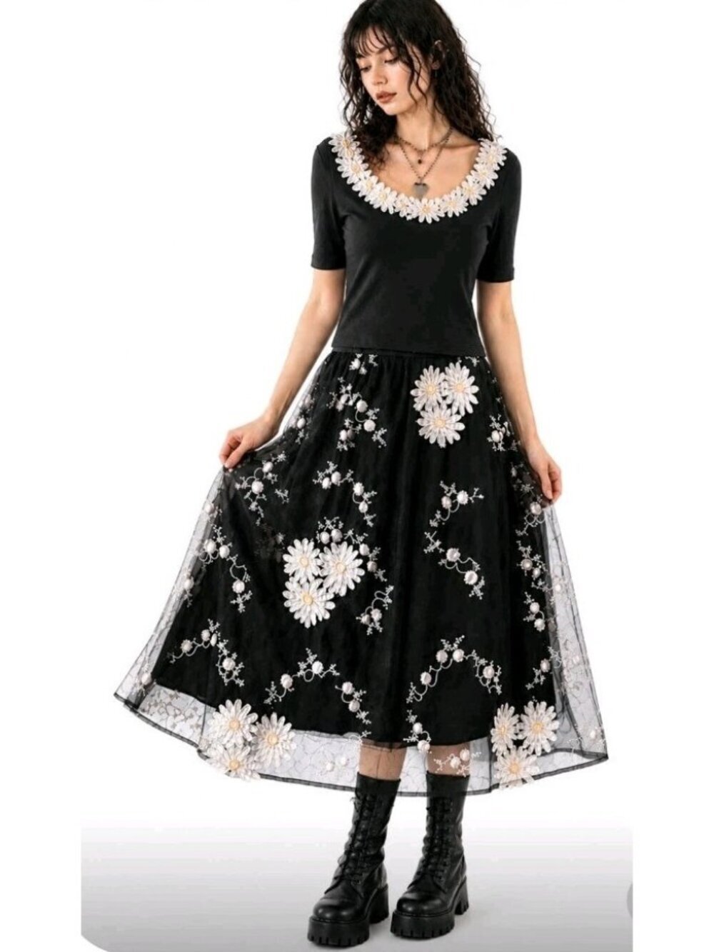 Womens Y2K 2Pc Skirt Set Daisy Applique Sheer Midi Whimsigoth Embroidered Sz 10